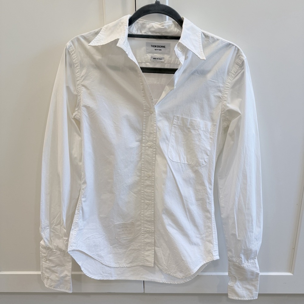 Thom Browne White Button Up Shirt Size 1 Pink Applique Long Sleeve Italy Womens